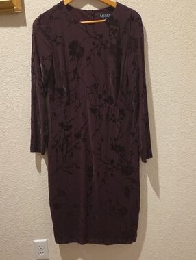 Lauren Ralph Lauren Deep Plum Floral Velvet-Print Long Sleeve Shift Dress